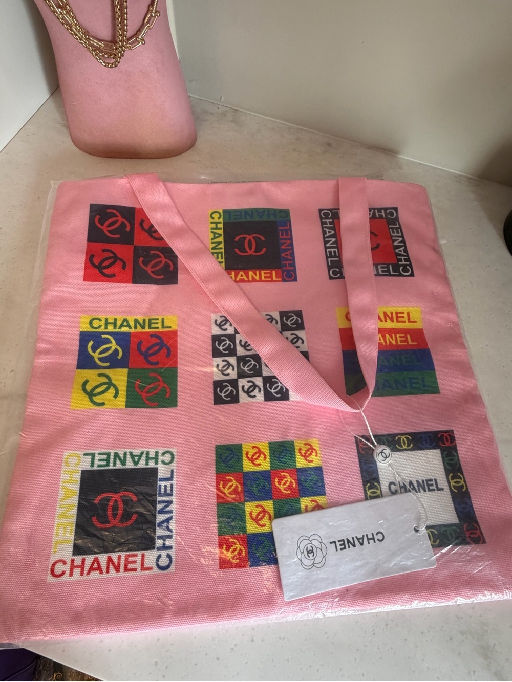 CHANEL GWP Pink Canvas Tote with Multicolor Logo Panels - Picture 6 of 7